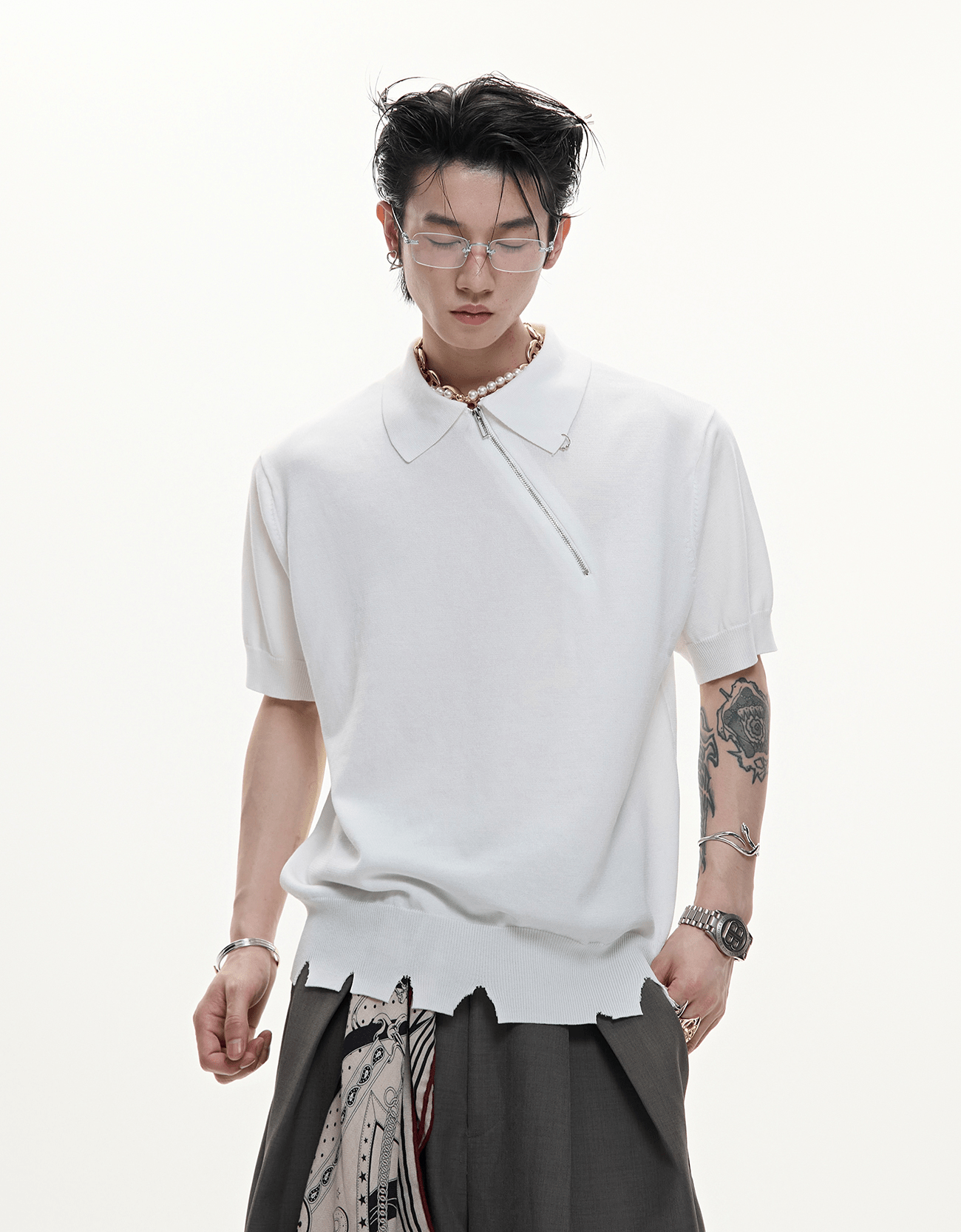 Distressed Hem Zipper Knit Polo Tee - COPPING THREADS - ArguE CulturE