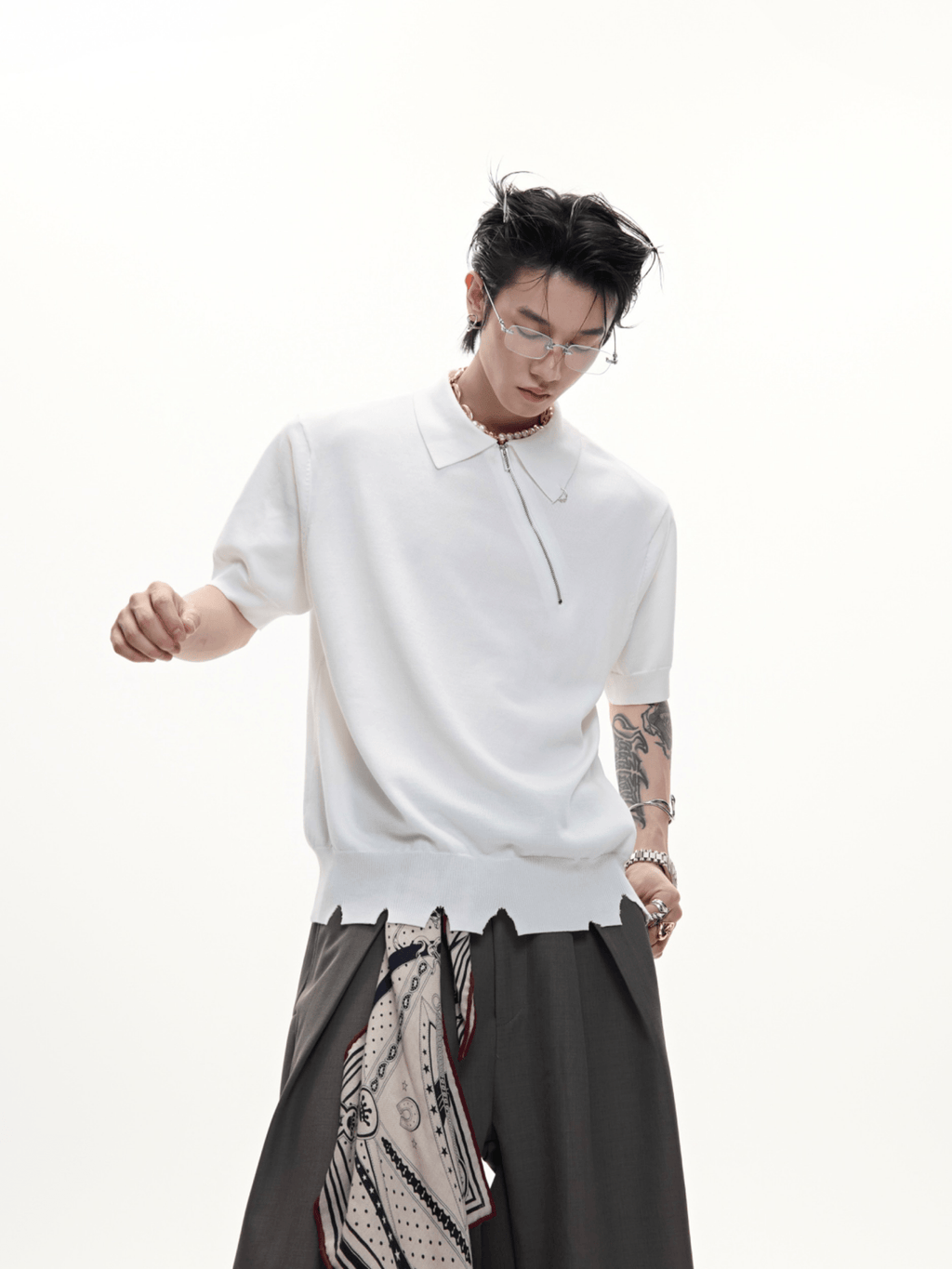 Distressed Hem Zipper Knit Polo Tee - COPPING THREADS - ArguE CulturE