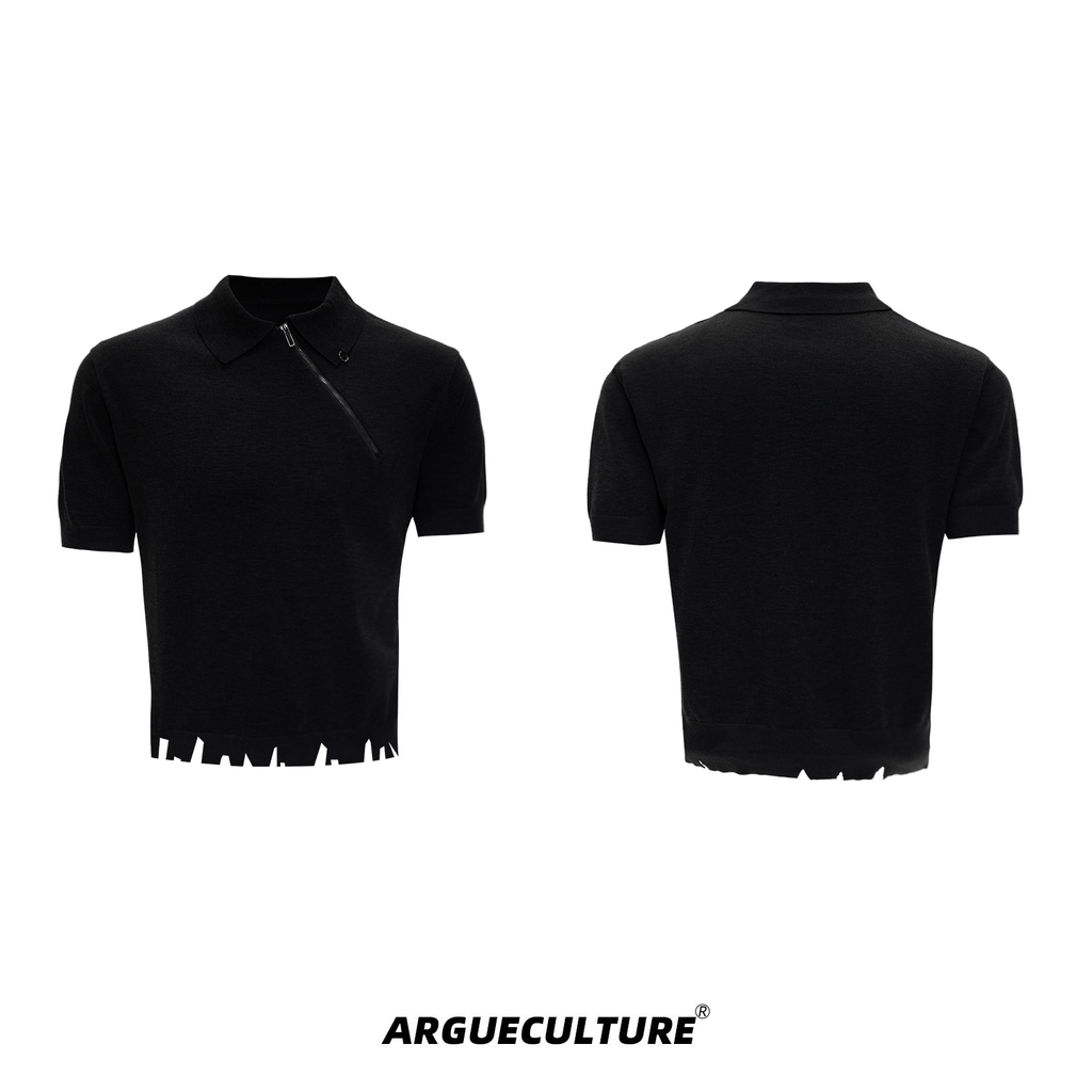 Distressed Hem Zipper Knit Polo Tee - COPPING THREADS - ArguE CulturE