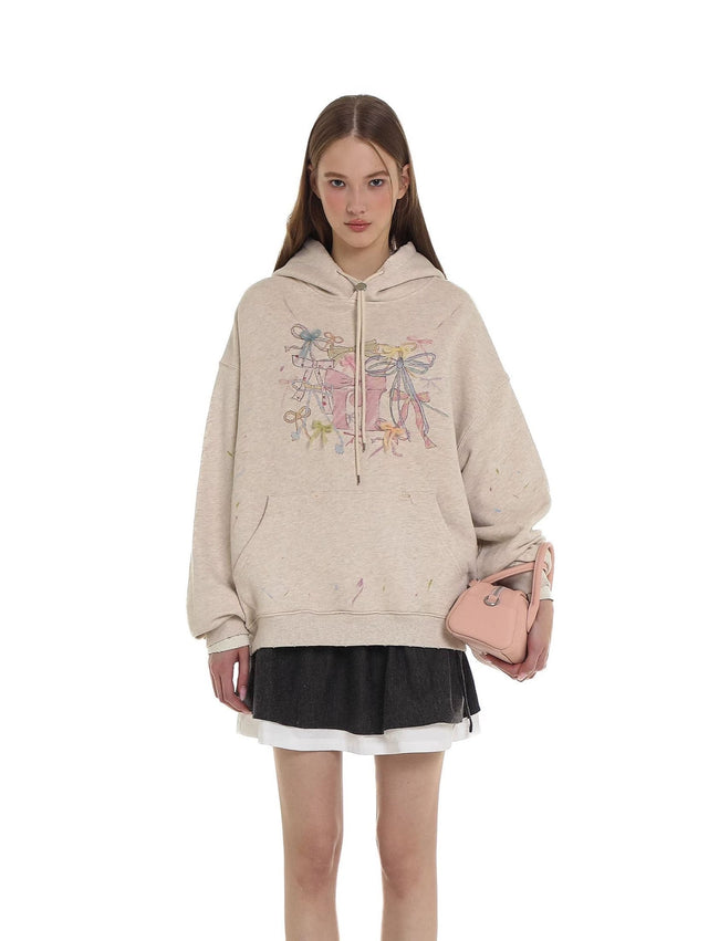 Distressed Multicolor Yarn Bow Print Hoodie - COPPING THREADS - MOROMORO Hover Image