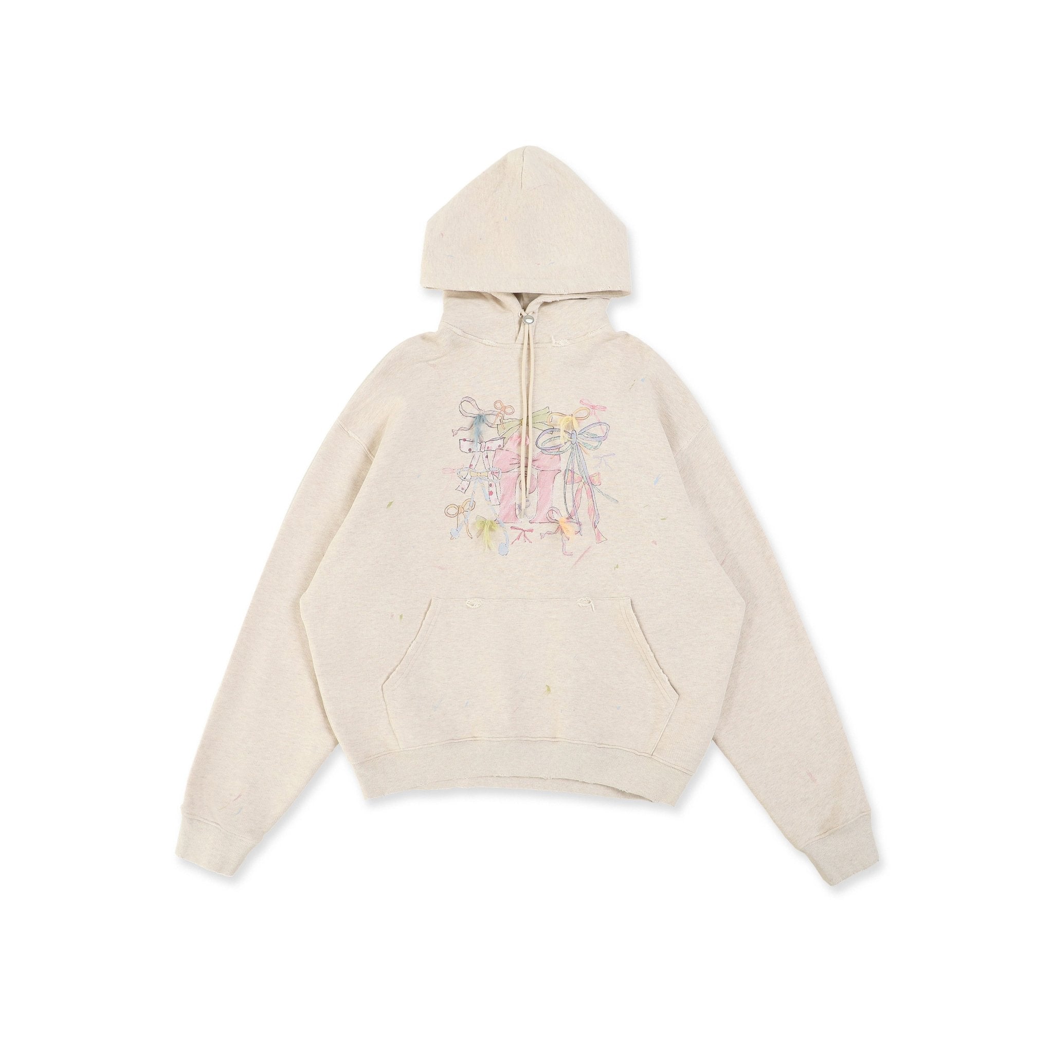 Distressed Multicolor Yarn Bow Print Hoodie - COPPING THREADS - MOROMORO