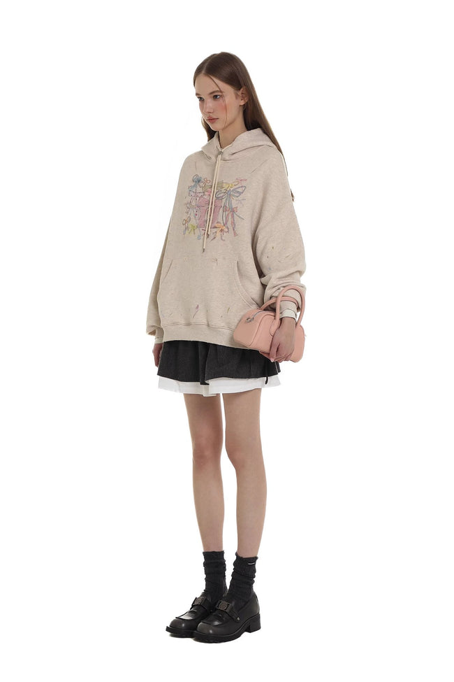 Distressed Multicolor Yarn Bow Print Hoodie Main Image