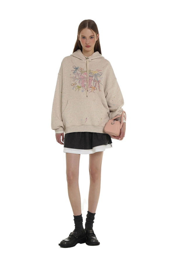 Distressed Multicolor Yarn Bow Print Hoodie - COPPING THREADS - MOROMORO