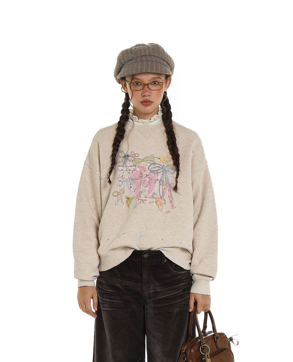 Distressed Multicolor Yarn Bow Print Sweatshirt - COPPING THREADS - MOROMORO