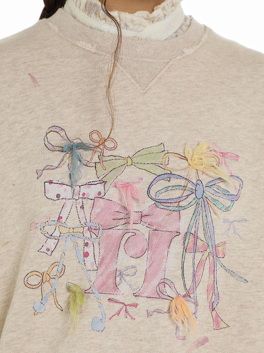 Distressed Multicolor Yarn Bow Print Sweatshirt - COPPING THREADS - MOROMORO