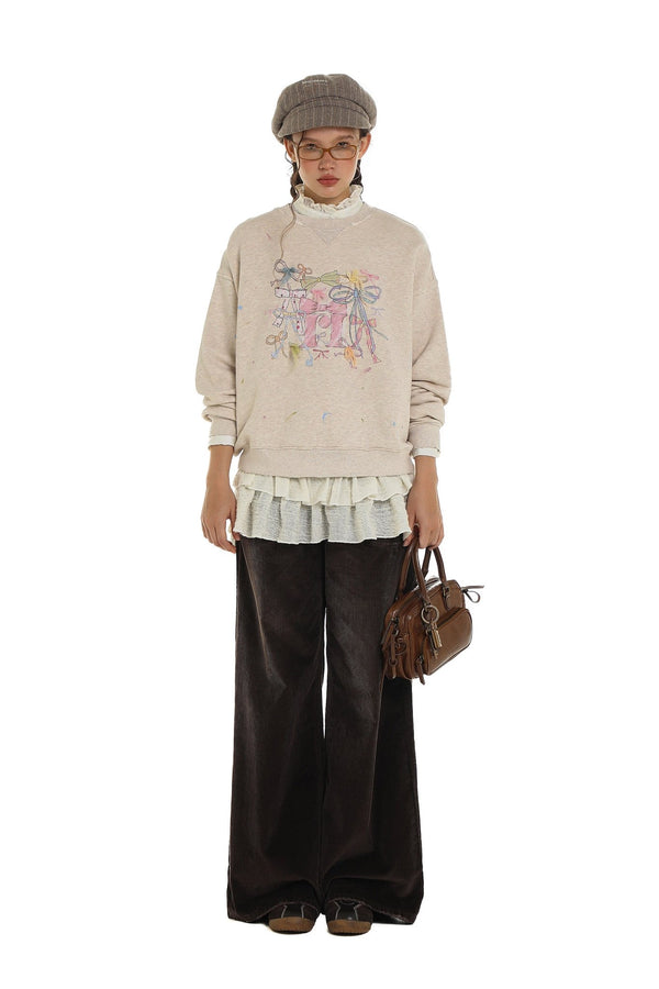 Distressed Multicolor Yarn Bow Print Sweatshirt - COPPING THREADS - MOROMORO