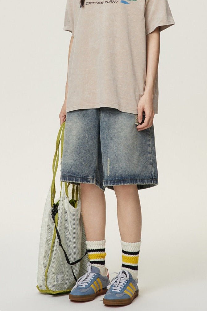 Distressed Straight - Leg Denim Shorts - COPPING THREADS - CATTEE