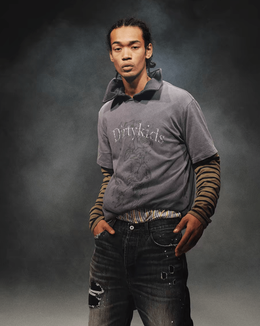 Distressed Striped Patchwork Long Sleeve Faux Two - Piece Graphic Tee - COPPING THREADS - TRECLUB