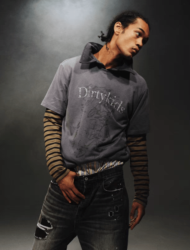 Distressed Striped Patchwork Long Sleeve Faux Two-Piece Graphic Tee Main Image