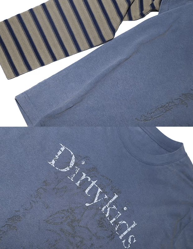 Distressed Striped Patchwork Long Sleeve Faux Two - Piece Graphic Tee - COPPING THREADS - TRECLUB