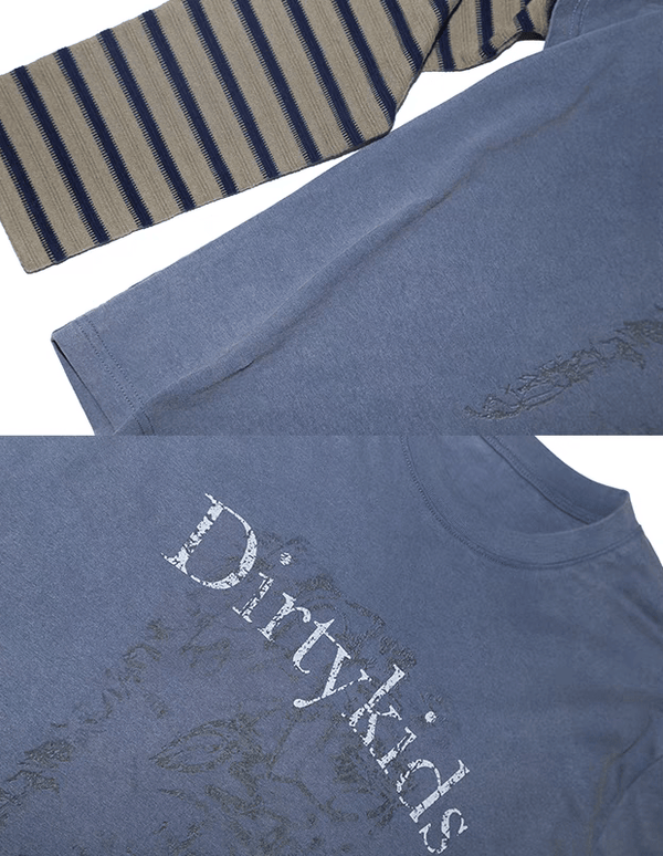 Distressed Striped Patchwork Long Sleeve Faux Two - Piece Graphic Tee - COPPING THREADS - TRECLUB