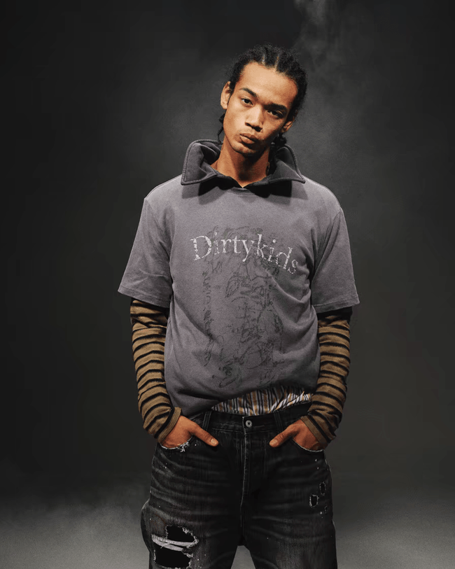 Distressed Striped Patchwork Long Sleeve Faux Two - Piece Graphic Tee - COPPING THREADS - TRECLUB Hover Image