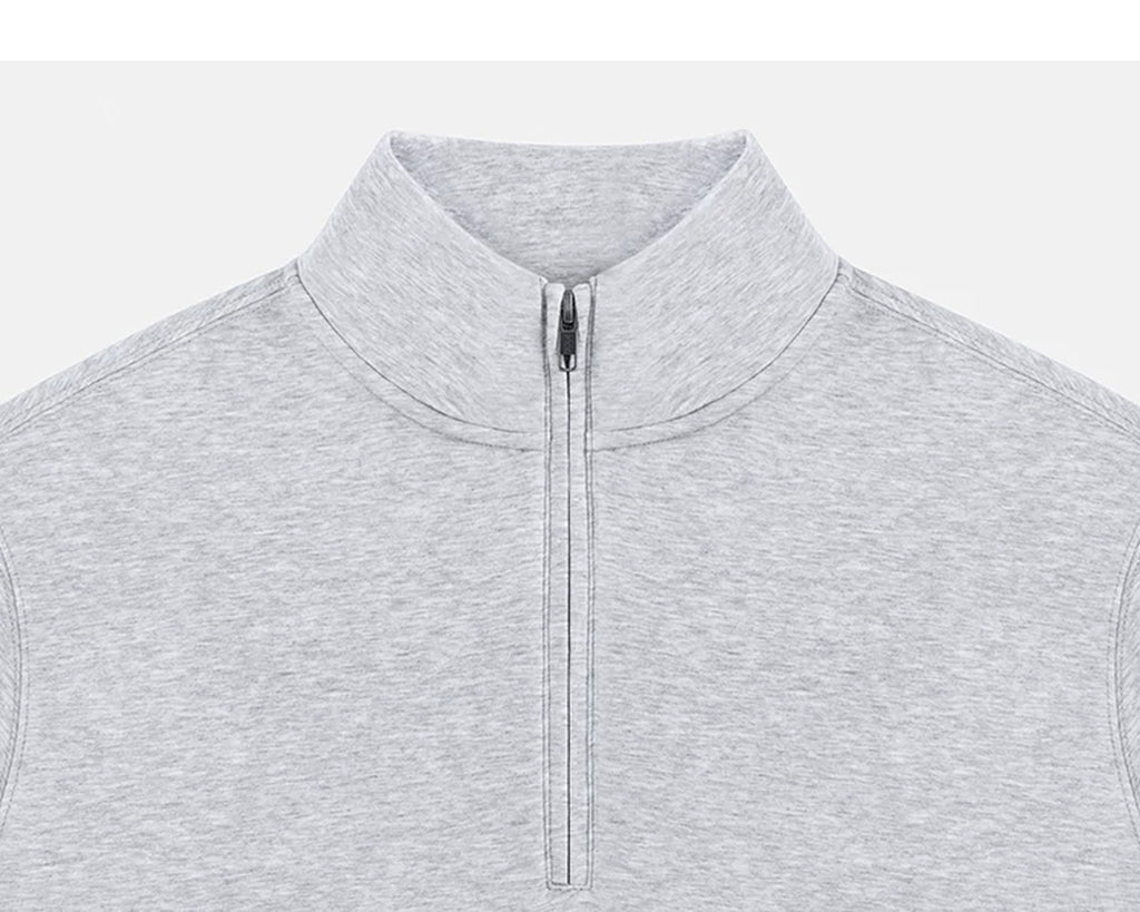 IDLT half zip sweatshirt, heather gray zipped collar.