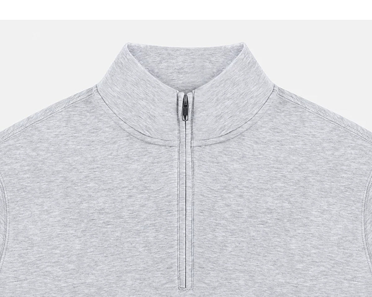 IDLT half zip sweatshirt, heather gray zipped collar.