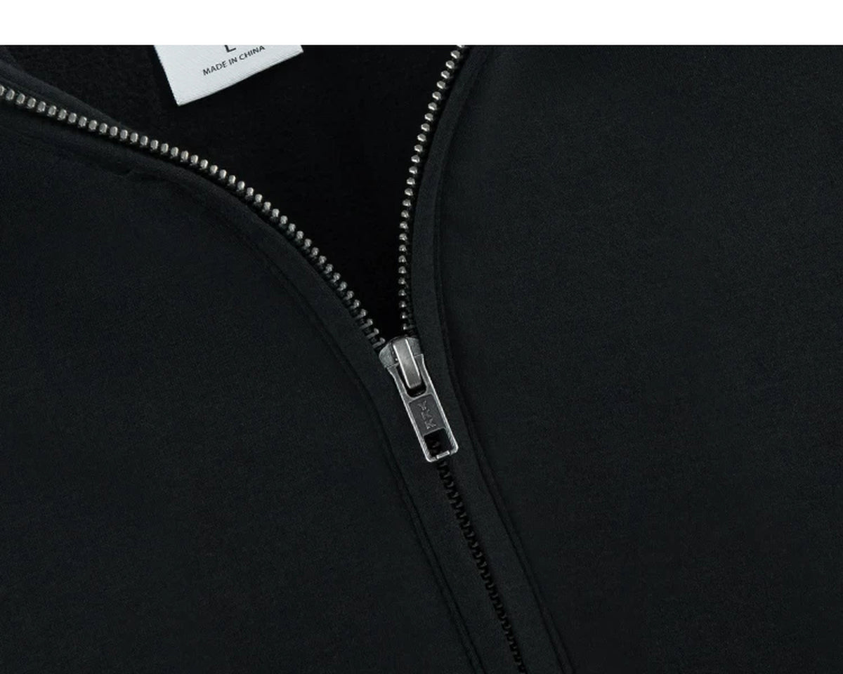 IDLT half zip sweatshirt, black zipper close-up.