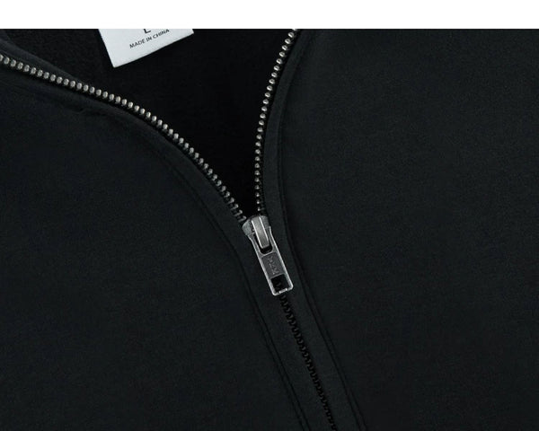 IDLT half zip sweatshirt, black zipper close-up.
