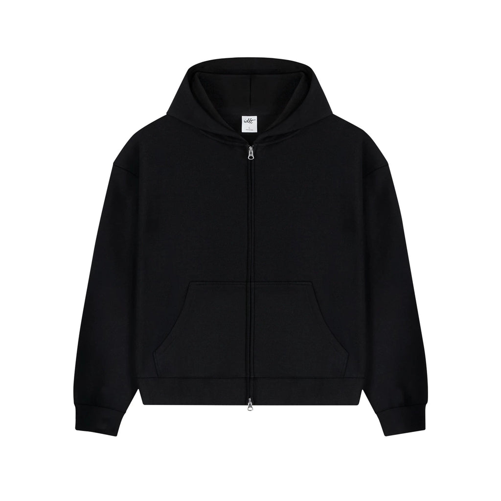IDLT zip hoodie, black front.
