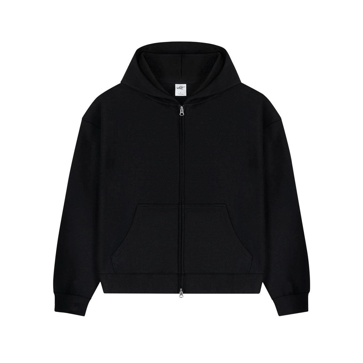 IDLT zip hoodie, black front.