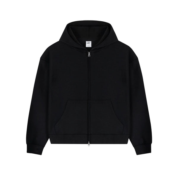 IDLT zip hoodie, black front.