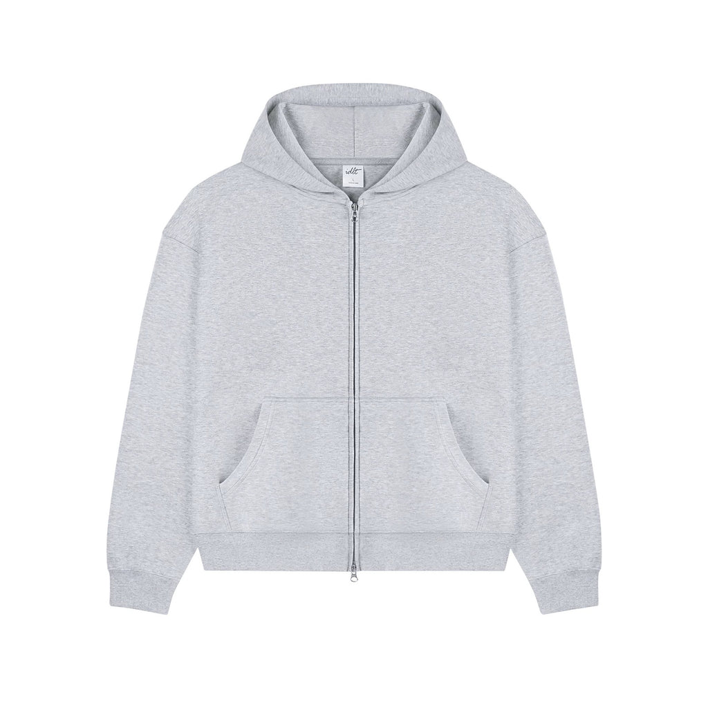IDLT zip hoodie, heather gray front.