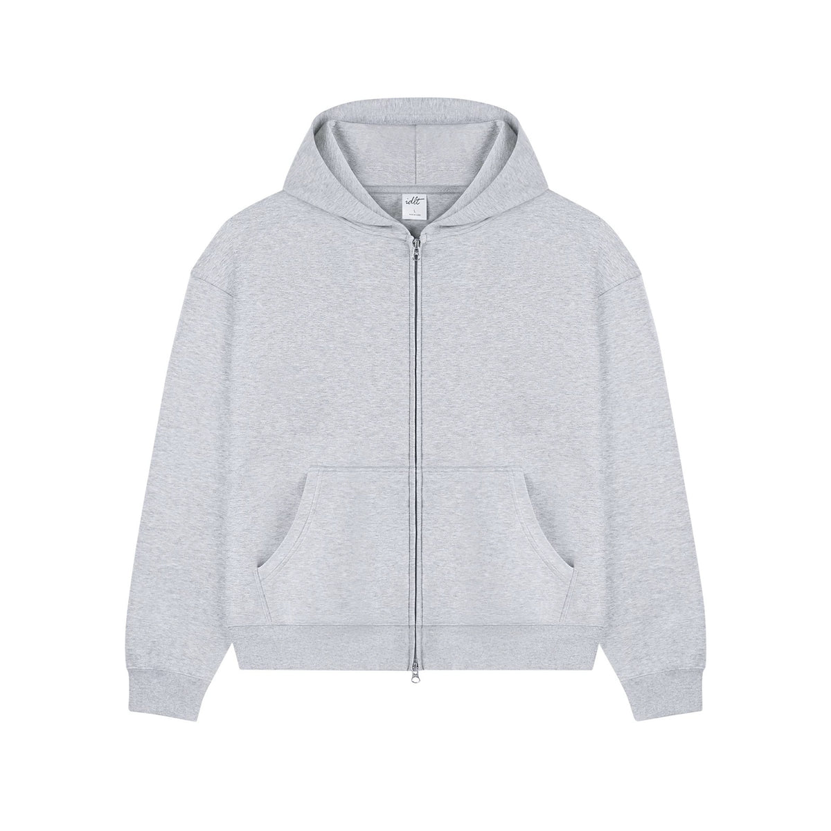 IDLT zip hoodie, heather gray front.