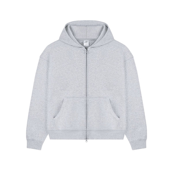 IDLT zip hoodie, heather gray front.