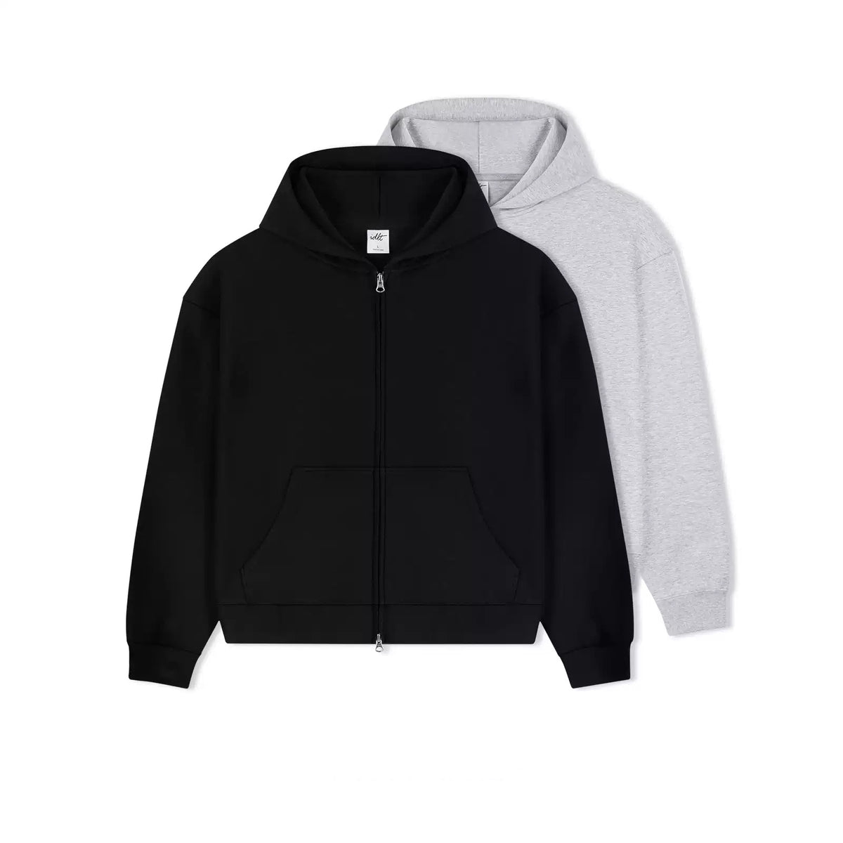 IDLT zip hoodie, black and gray color lineup.