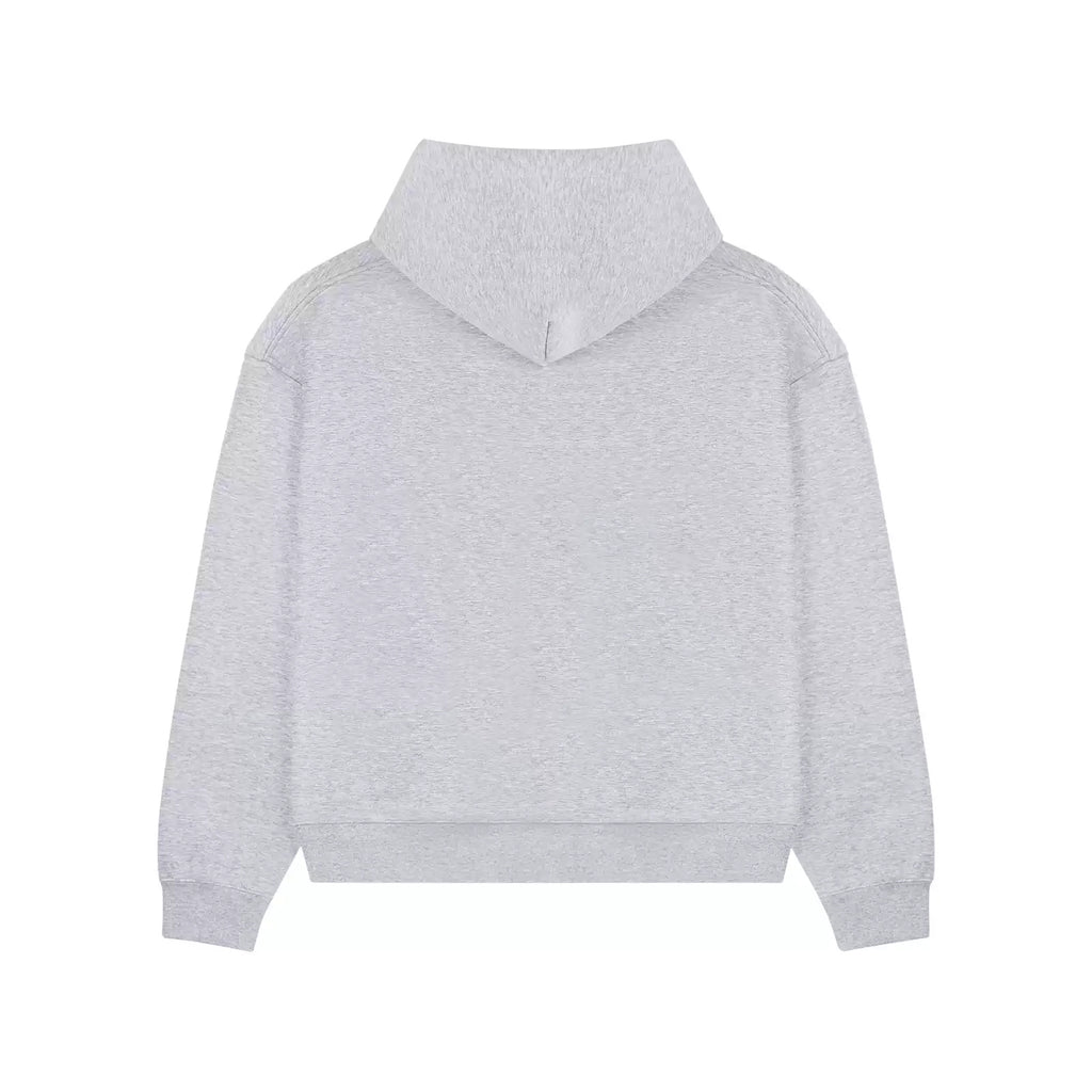 IDLT zip hoodie, heather gray back.