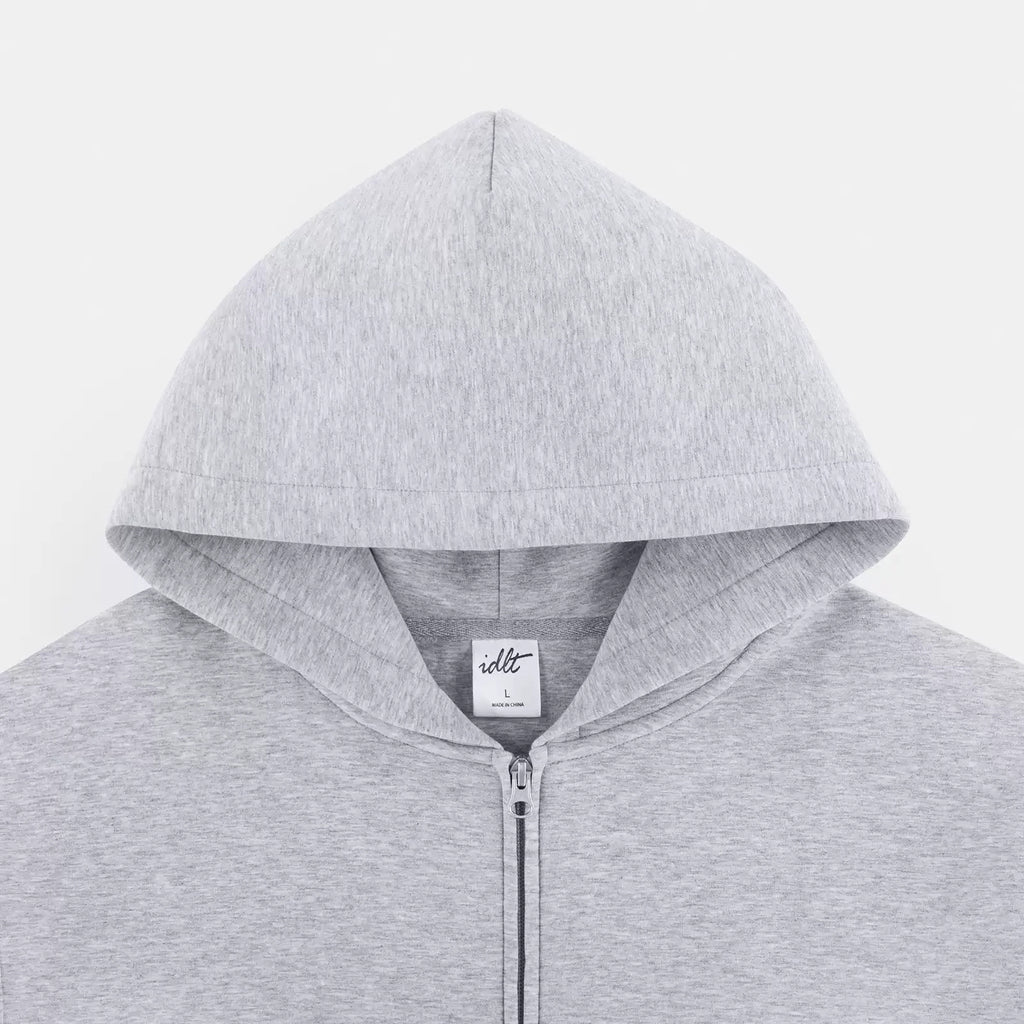 IDLT zip hoodie, heather gray hood overview.