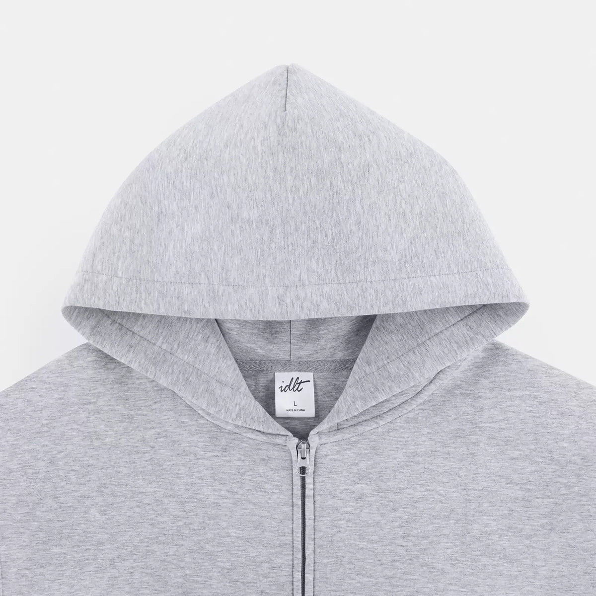 IDLT zip hoodie, heather gray hood overview.