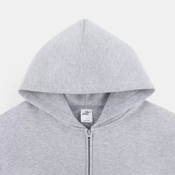 IDLT zip hoodie, heather gray hood overview.