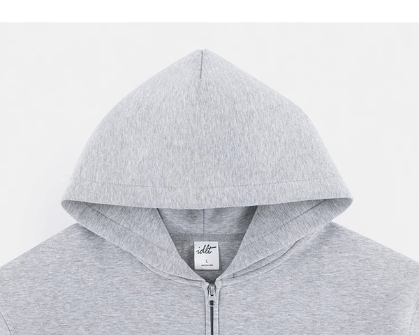 IDLT zip hoodie, heather gray hood close-up.