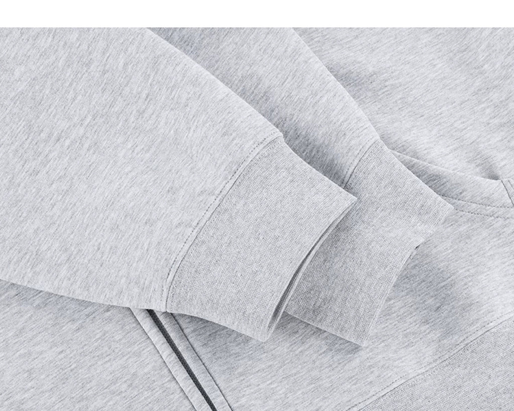 IDLT zip hoodie, heather gray cuffs.