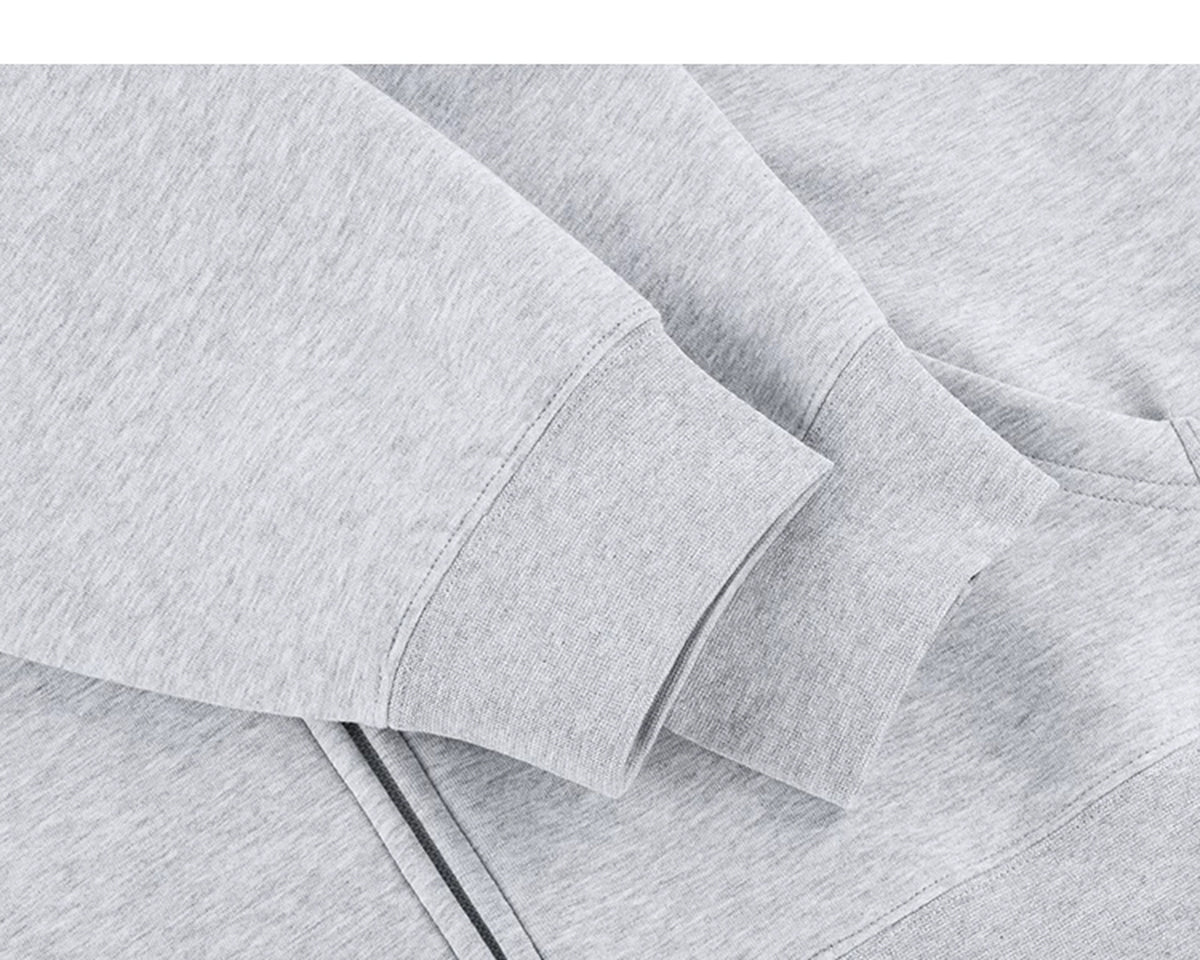 IDLT zip hoodie, heather gray cuffs.