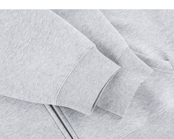 IDLT zip hoodie, heather gray cuffs.