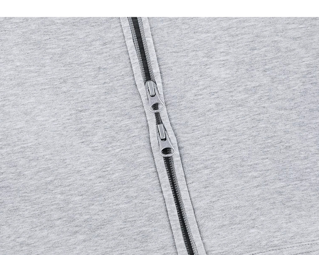 IDLT zip hoodie, heather gray two-way zipper.