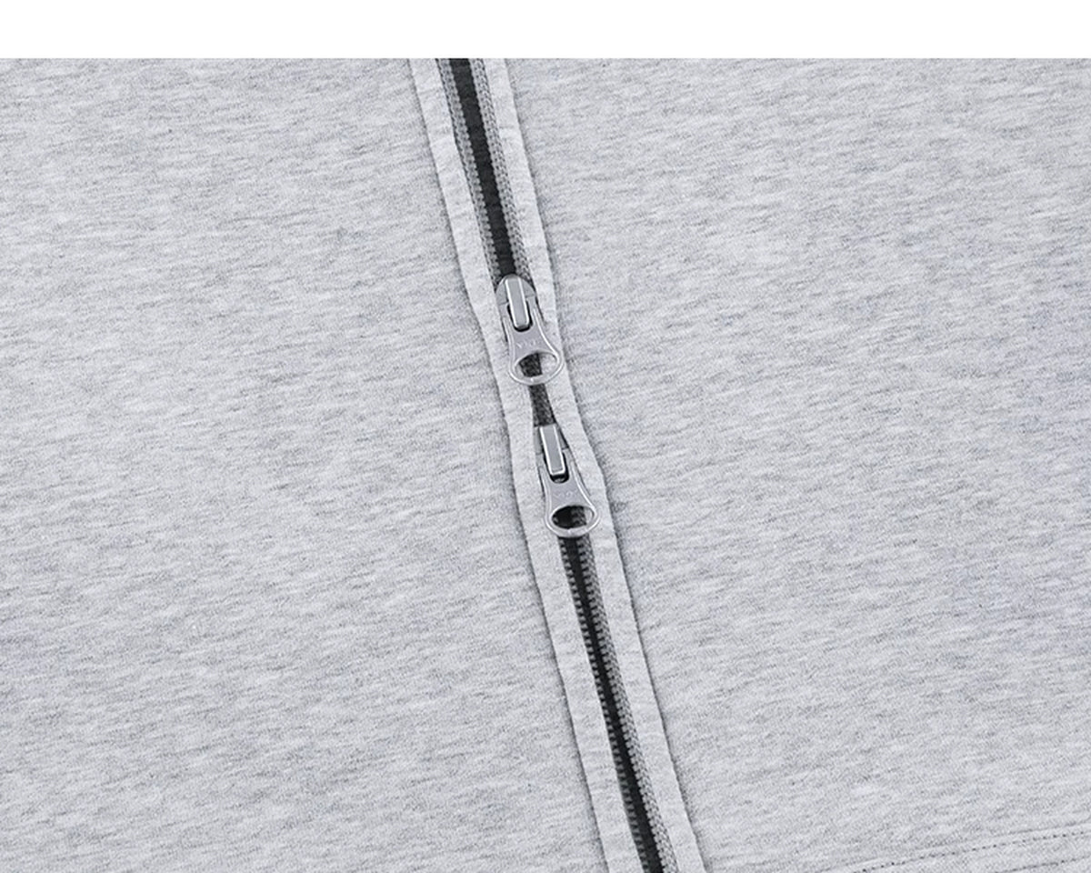 IDLT zip hoodie, heather gray two-way zipper.