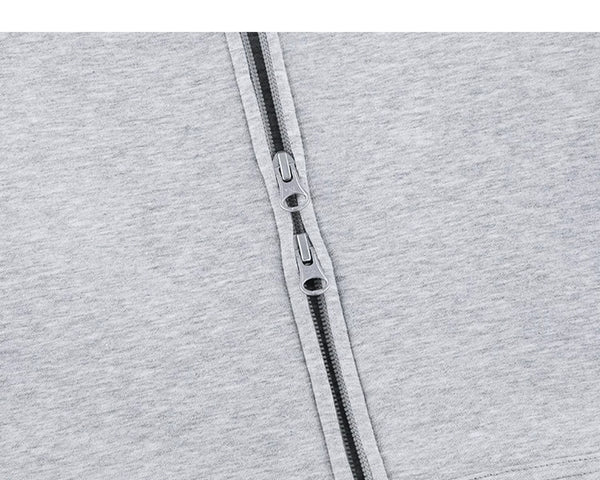 IDLT zip hoodie, heather gray two-way zipper.