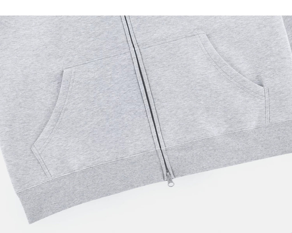 IDLT zip hoodie, heather gray pockets and hem.