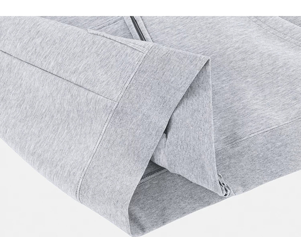 IDLT zip hoodie, heather gray folded hem.