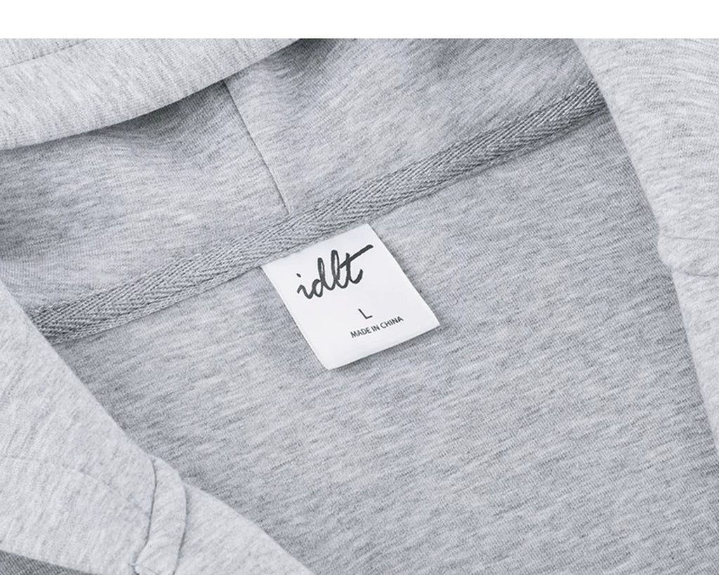 IDLT zip hoodie, heather gray neckline label.