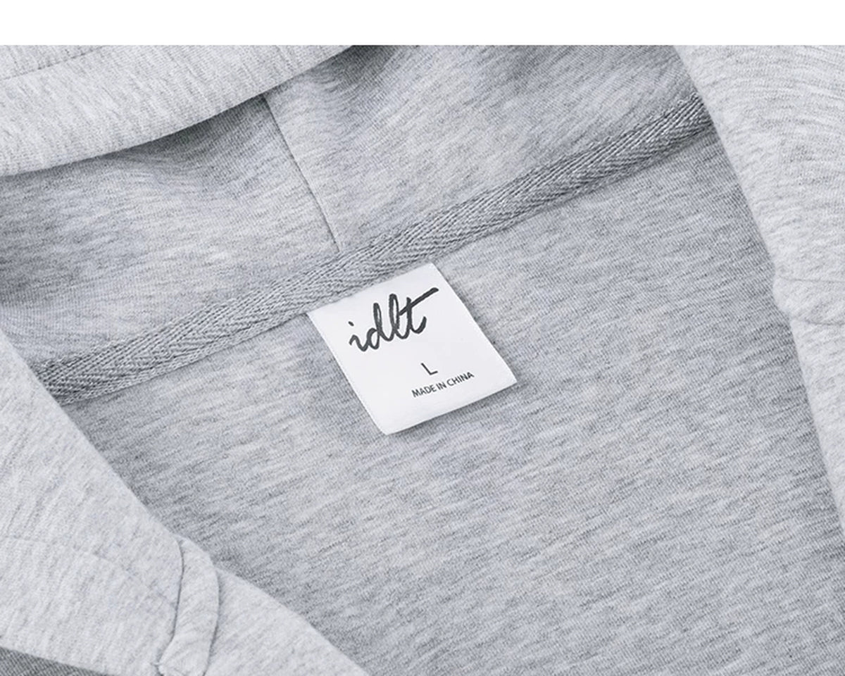 IDLT zip hoodie, heather gray neckline label.