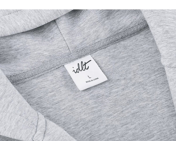 IDLT zip hoodie, heather gray neckline label.