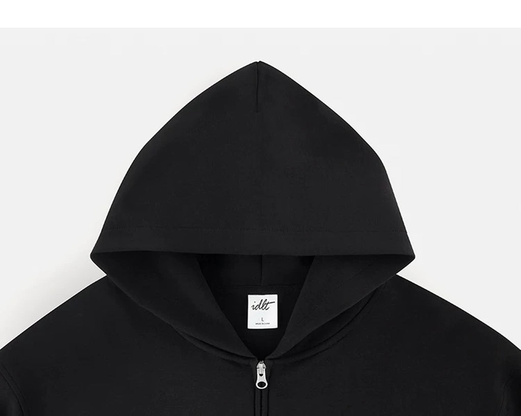 IDLT zip hoodie, black hood.