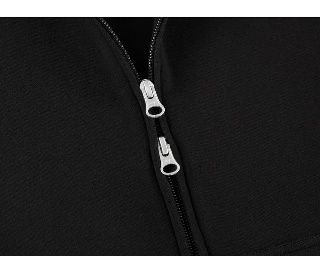 IDLT zip hoodie, black two-way zipper.