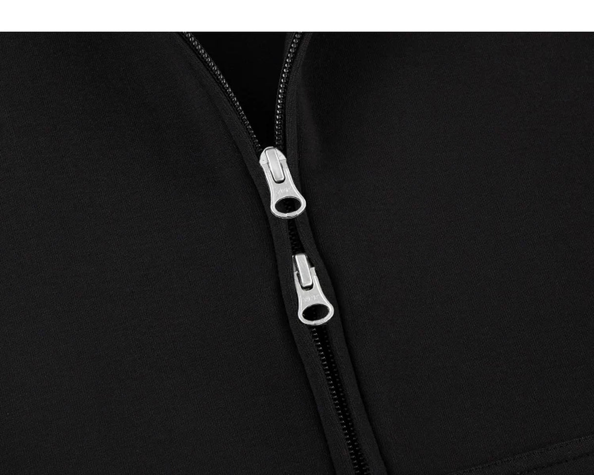 IDLT zip hoodie, black two-way zipper.