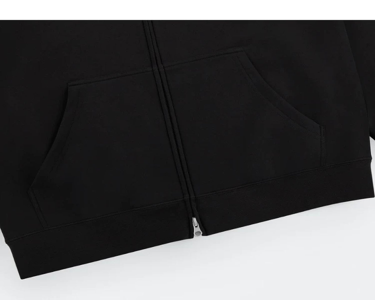 IDLT zip hoodie, black pockets and hem.