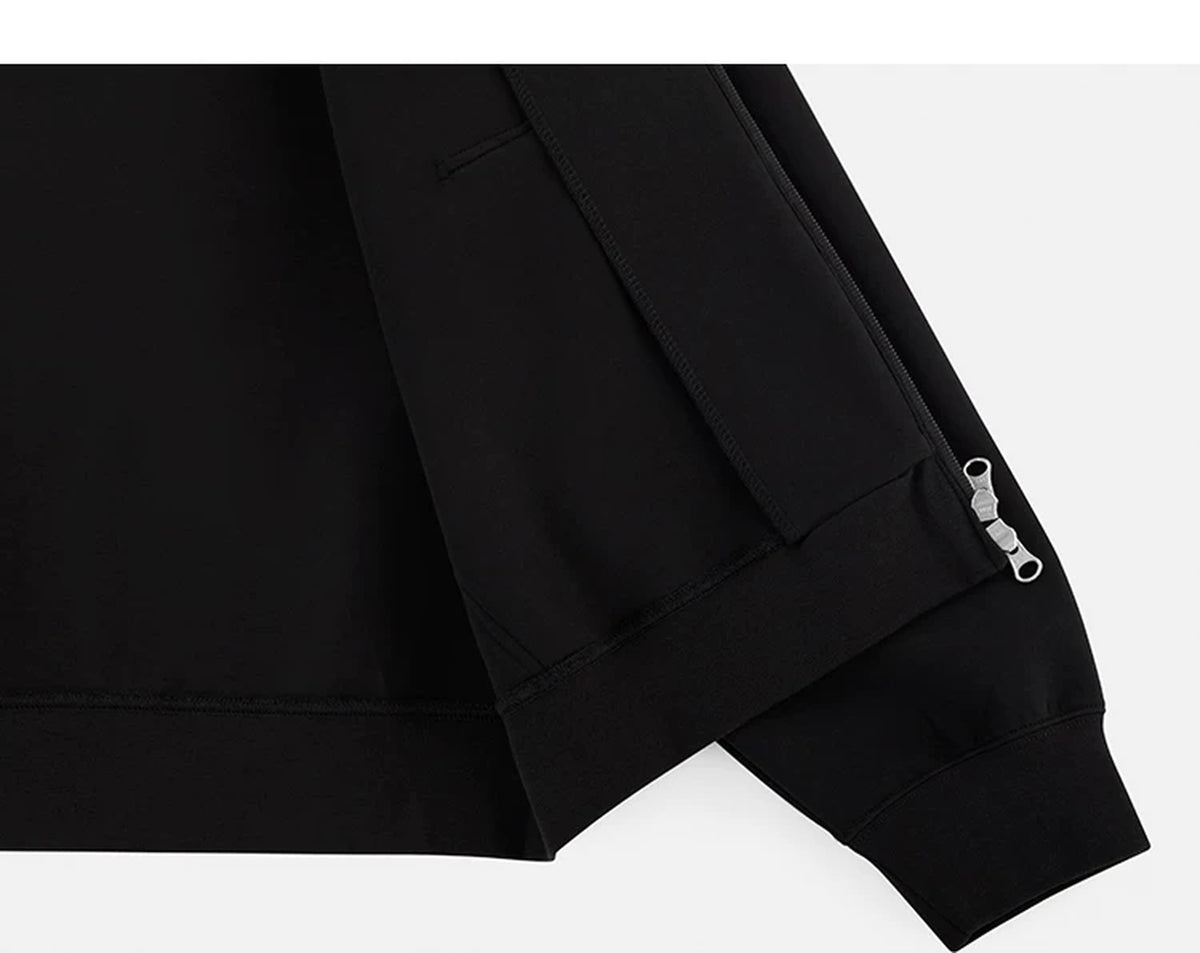 IDLT zip hoodie, black cuff and lower zipper.