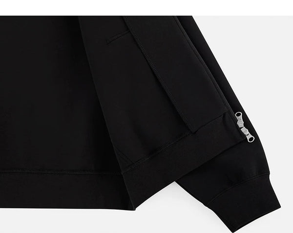 IDLT zip hoodie, black cuff and lower zipper.