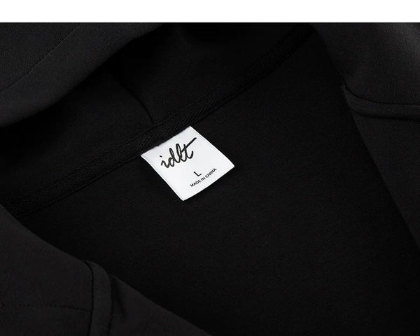 IDLT zip hoodie, black neckline label.